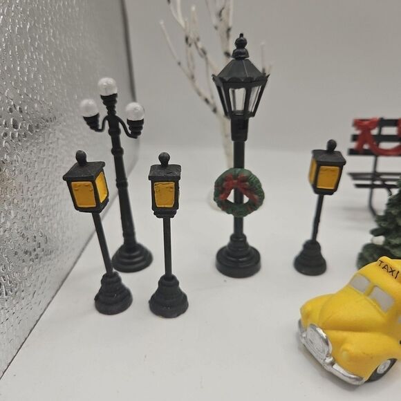 Vintage Village Mini Yellow Taxi Ceramic Car Trees Street Lamps Decorations - Picture 2 of 16